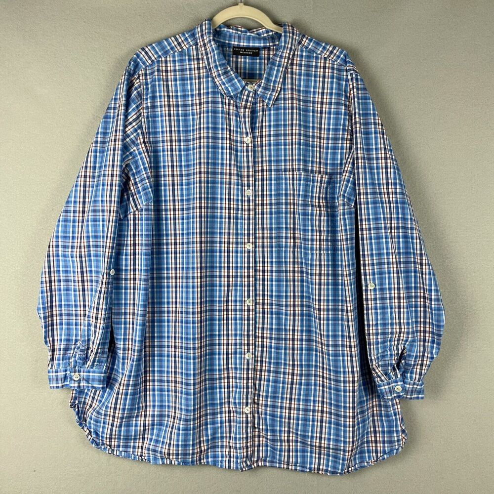 Susan Graver Weekend Top Womens 3X Blue Plaid Button Up Roll Tab Sleeve Casual